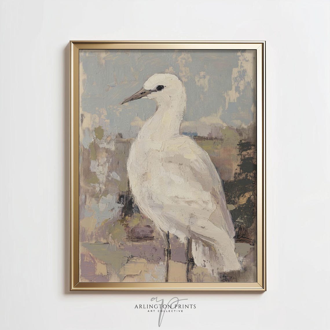 White Egret Heron Standing Abstract Muted Coastal Bird Painting Poster
