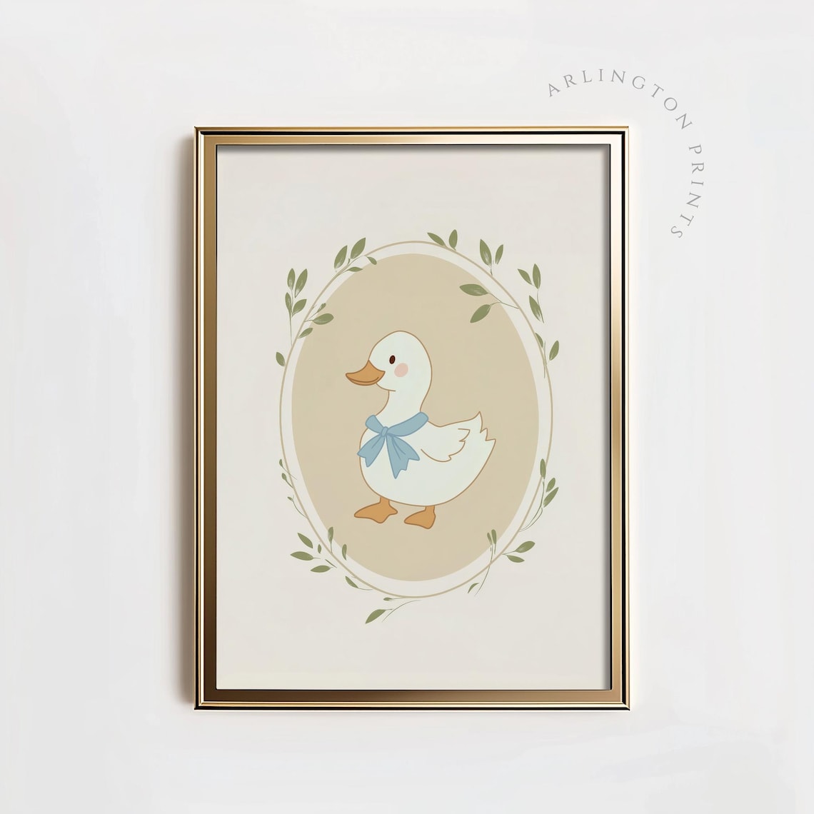 Sweet Baby Duck With Blue Bow Leafy Oval Vintage Nursery Poster