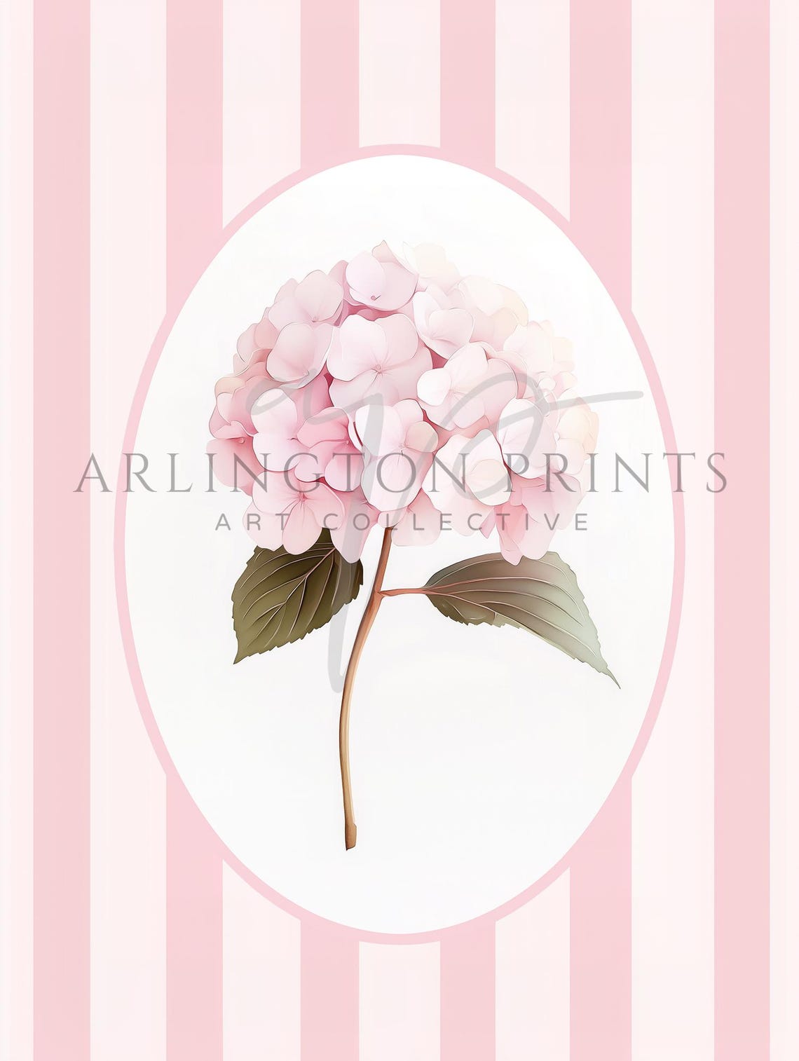 Pink Hydrangea Bloom on Pink Stripes Botanical Nursery Decor Poster - Image 2