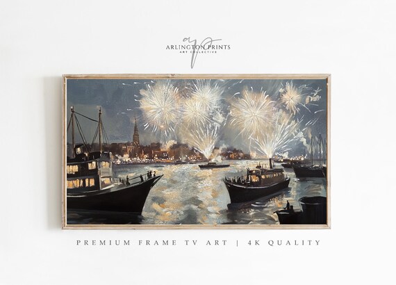 New Year Fireworks Over Harbor Night Boats Oil Painting Poster
