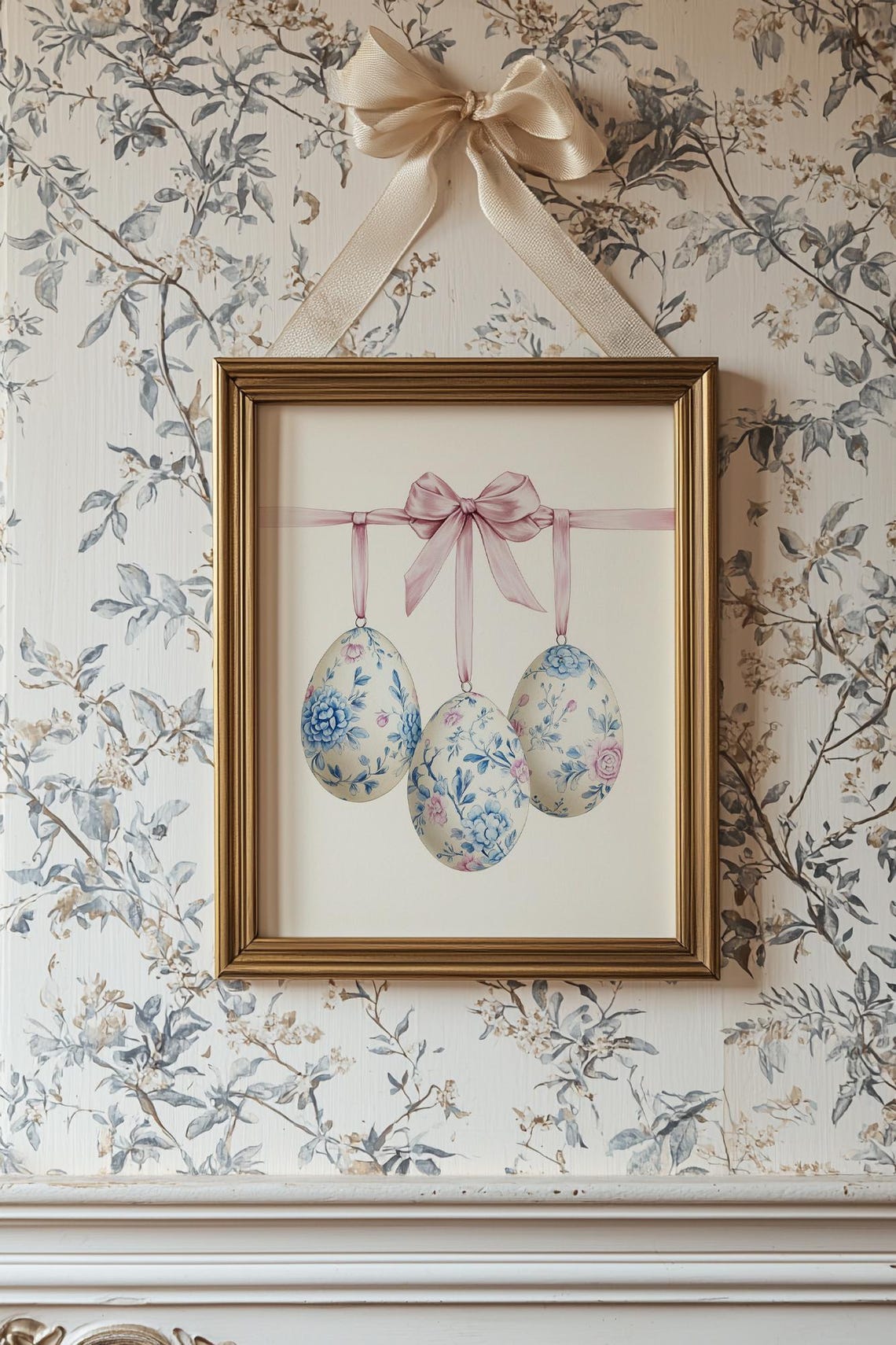 Hanging Blue Floral Easter Eggs Pink Ribbon Bow Spring Poster - Image 3