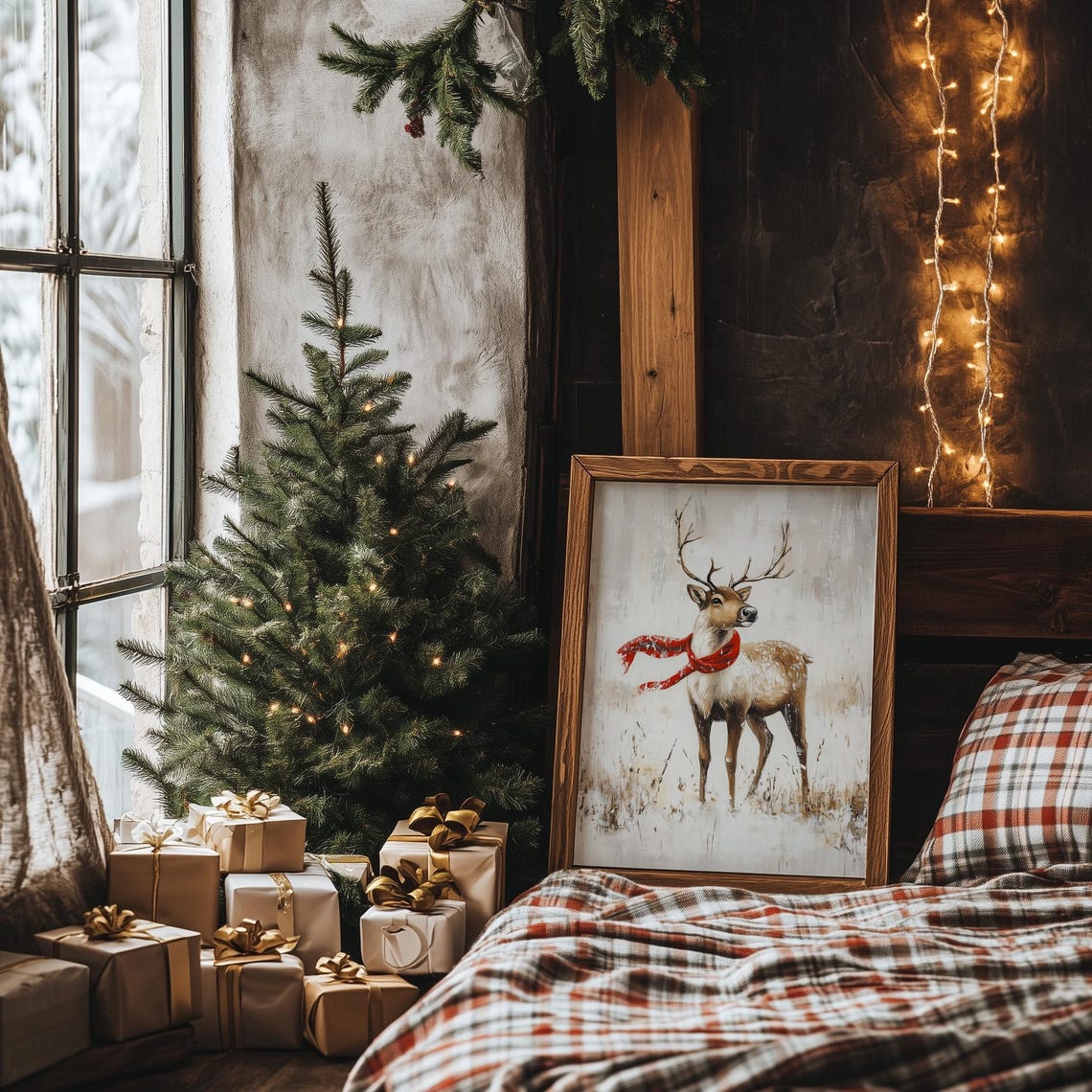 Woodland Deer Red Scarf Snowy Field Winter Whitetail Stag Art Poster - Image 2