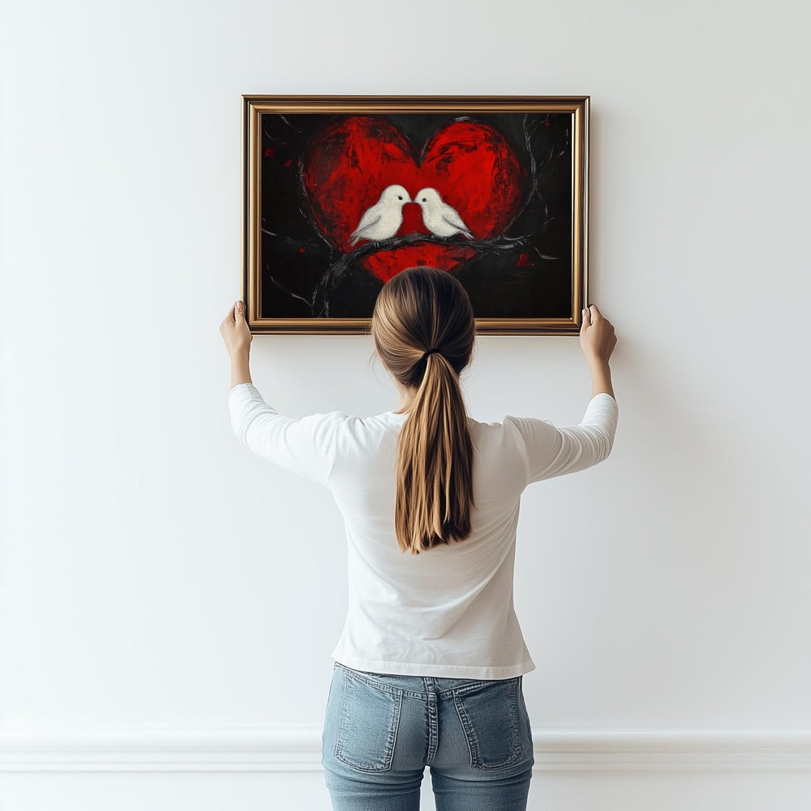 White Love Birds Kissing Red Heart Moody Romantic Valentine Poster - Image 2