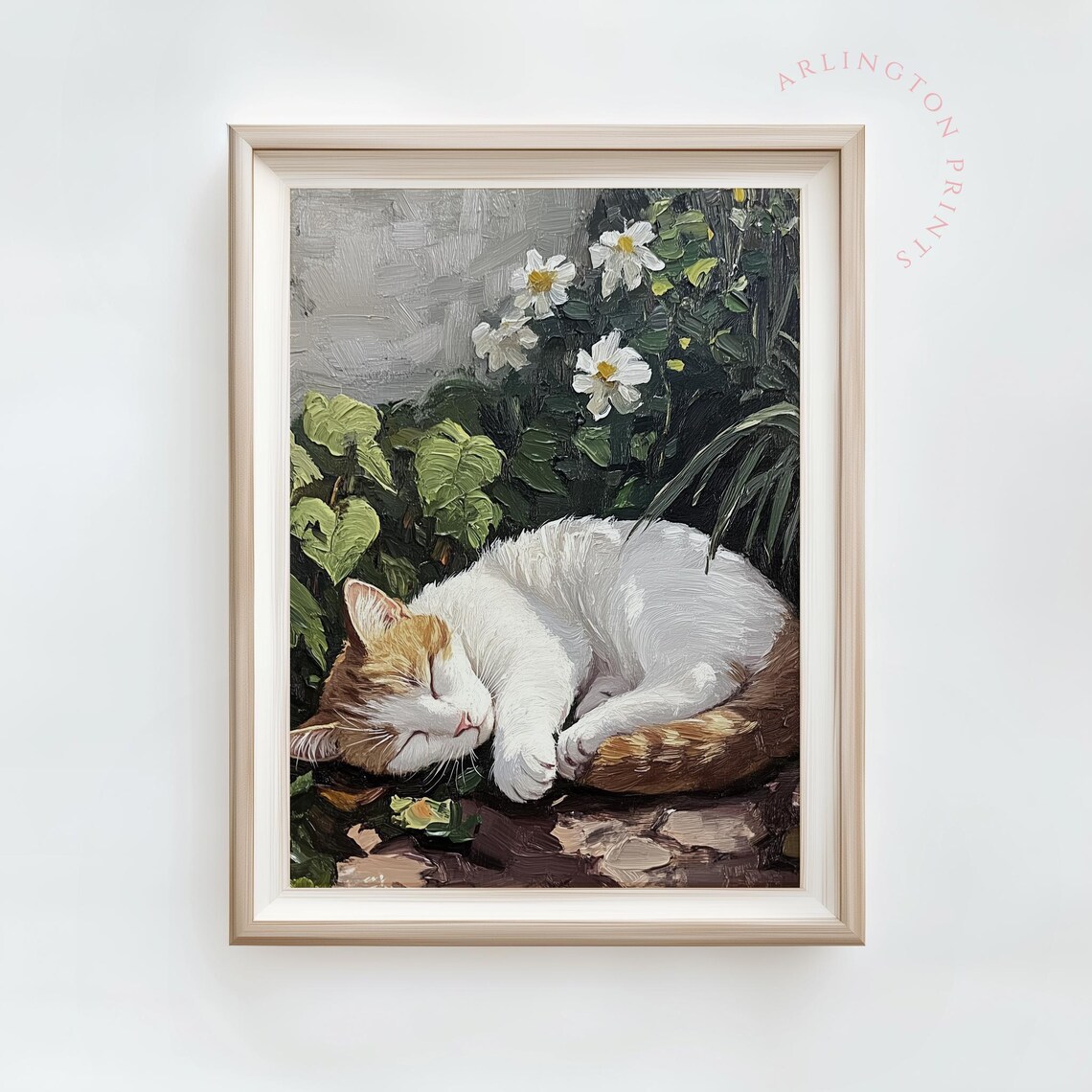 Sleeping Orange White Cat Among Flowers Oil Painting Garden Decor Poster - Image 2
