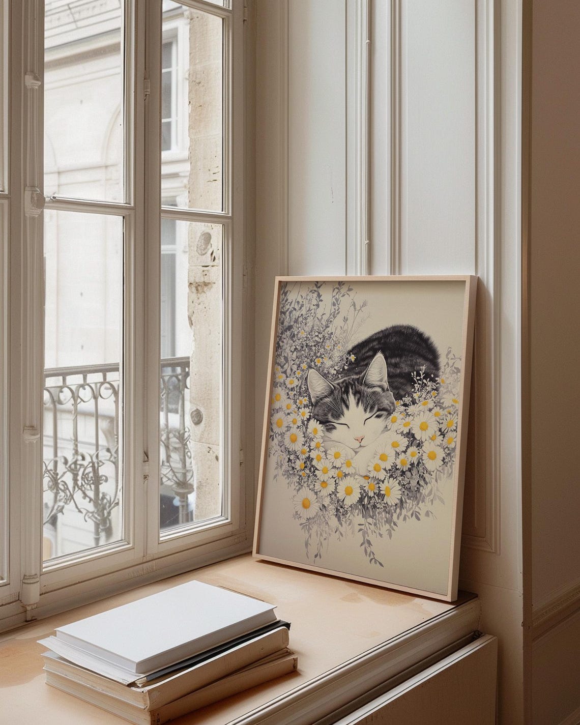 Sleeping Tabby Cat Daisy Garden Vintage Botanical Animal Print - Image 5