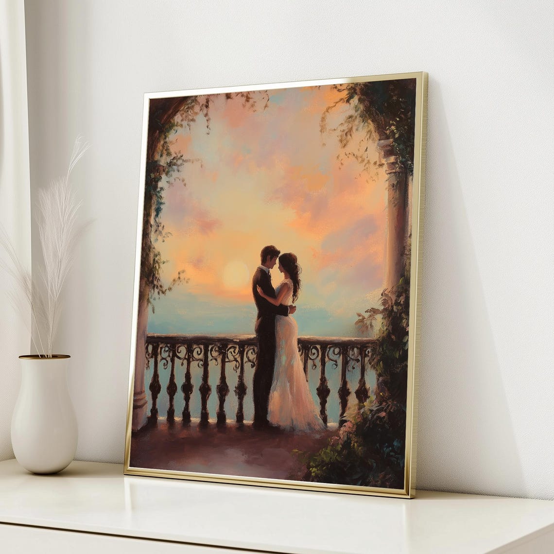 Romantic Couple Sunset Terrace Embrace Dreamy Love Painting Poster - Image 4