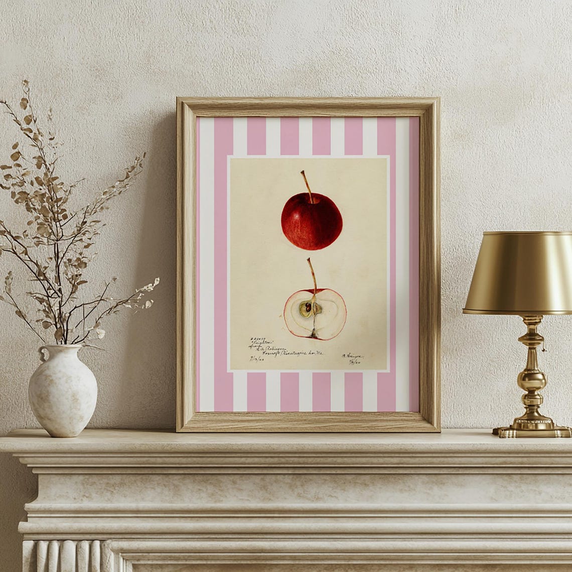 Apple Botanical Vintage Fruit Illustration Red Pink Stripe Poster - Image 2