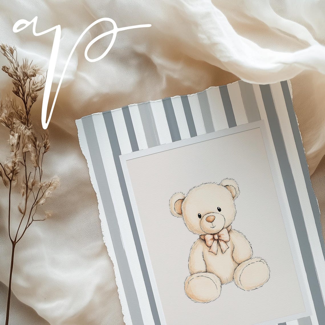 Vintage Teddy Bear Nursery Gray Striped Gender Neutral Baby Poster - Image 5