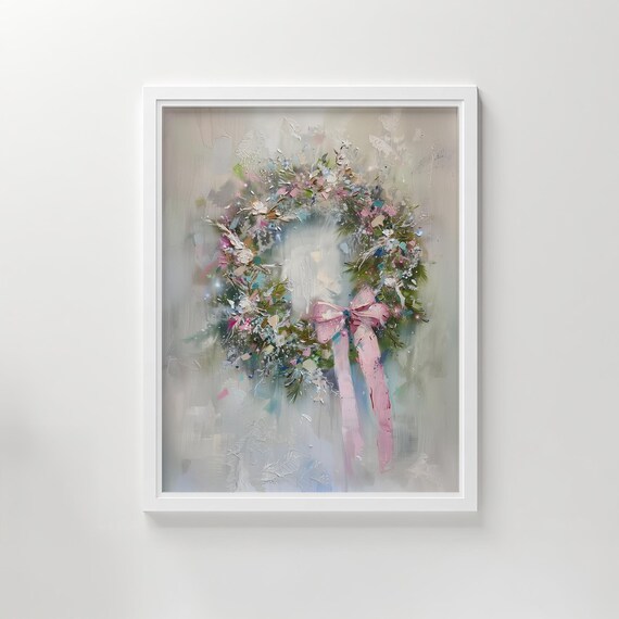 Pink Green Christmas Wreath Bow Pastel Watercolor Holiday Art Poster