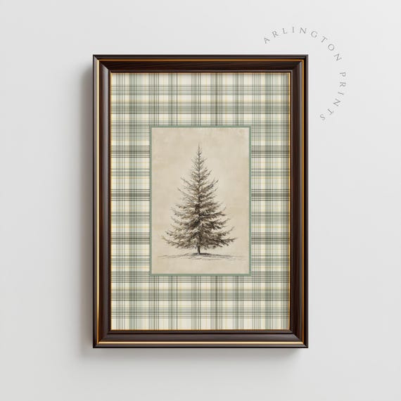 Minimalist Winter Pine Tree Artwork Neutral Plaid Fir Wall Art Cozy Holiday Home Decor R76