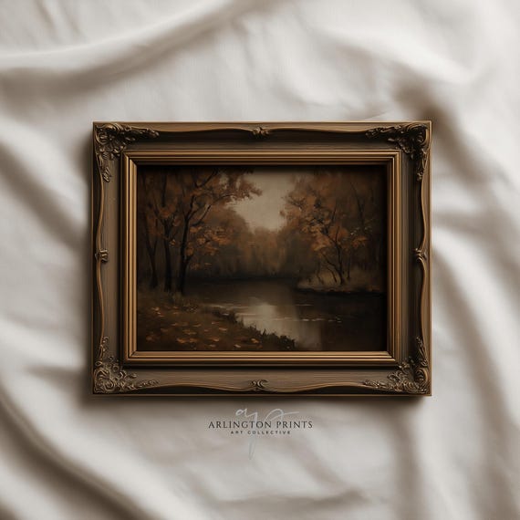 Rustic Fall River Wall Art Autumn Landscape Oil Painting Vintage Country Nature Scene Farmhouse Cottage Decor 216