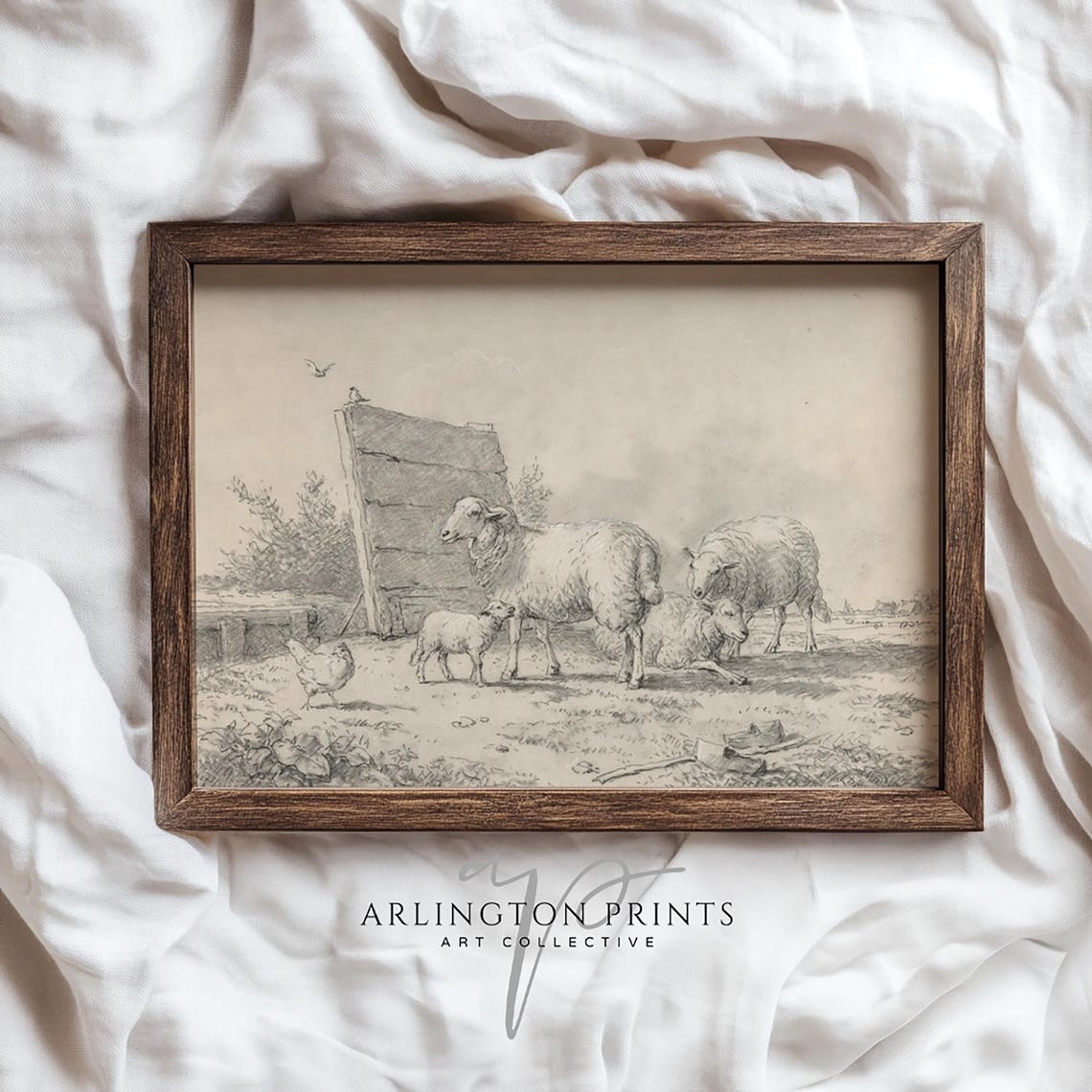 Antique Sheep and Lamb Sketch Farmyard Pencil Drawing Poster - Image 4