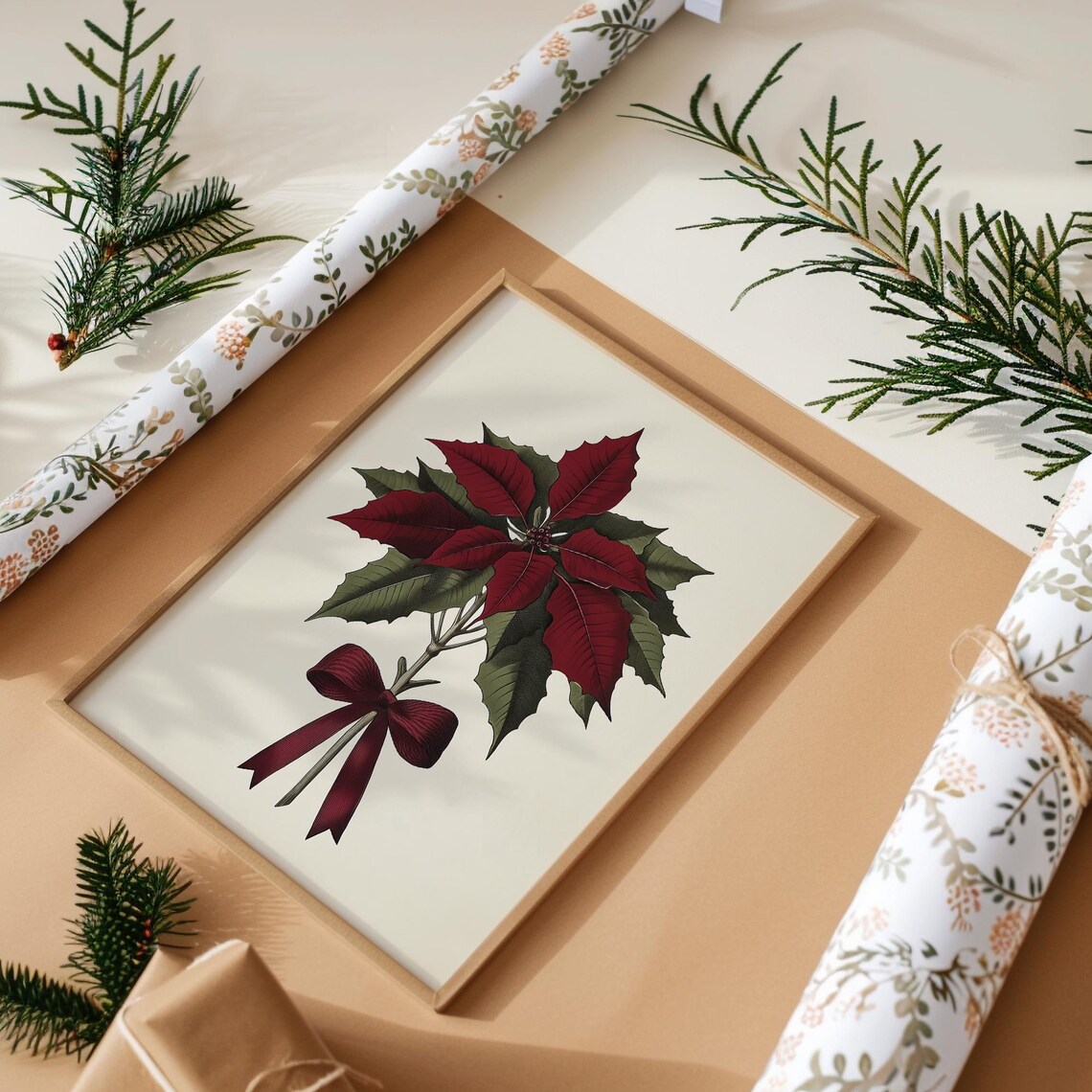 Burgundy Poinsettia Botanical Stem Ribbon Bow Vintage Style Poster - Image 4