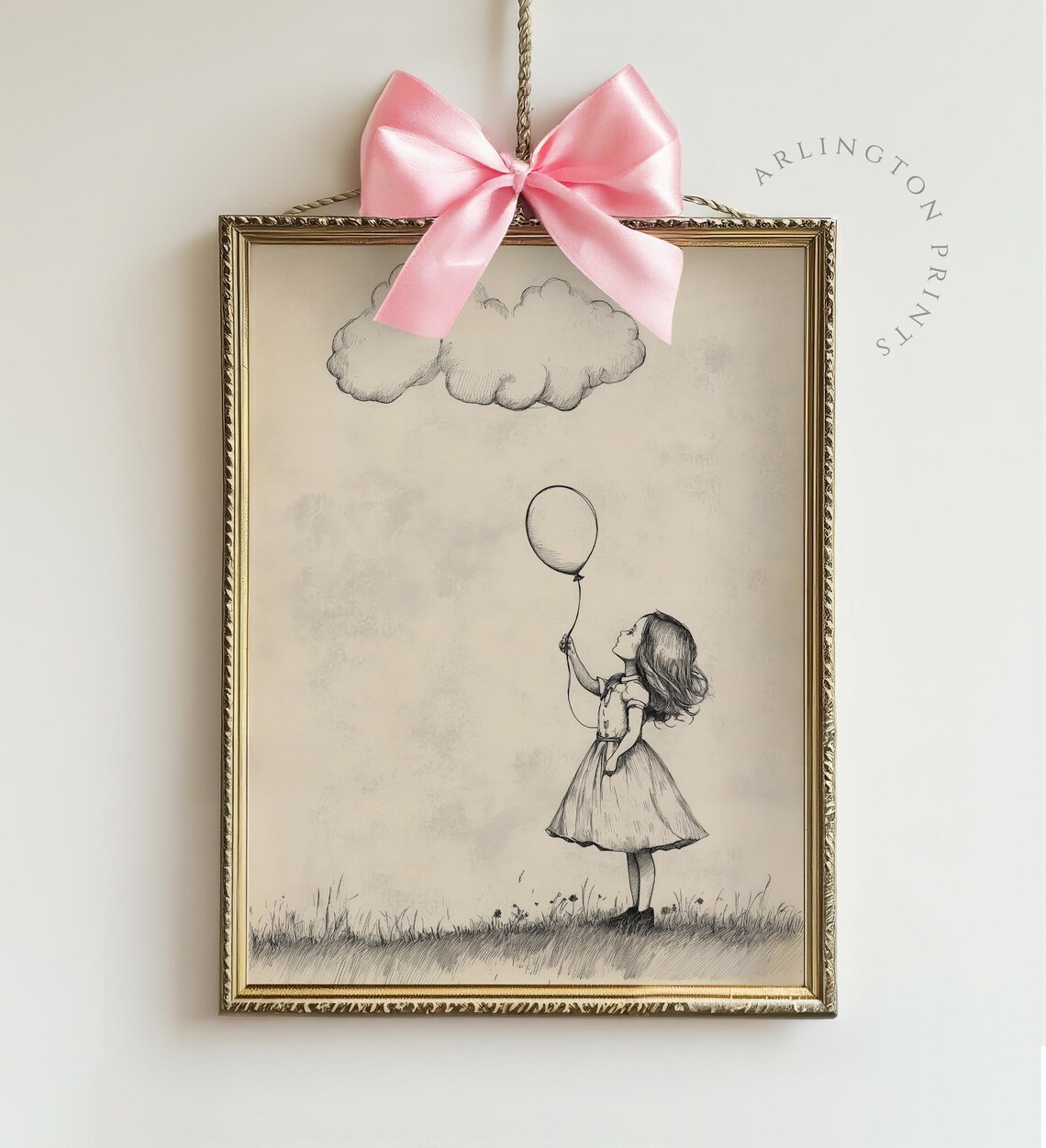 Little Girl Holding Balloon Under Cloud Vintage Sketch Nursery Poster - Image 4