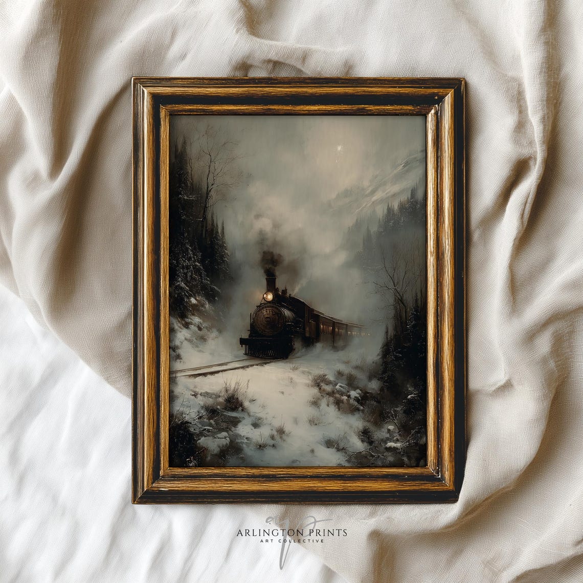 Vintage Steam Train in Snowy Forest Moody Winter Railway Poster