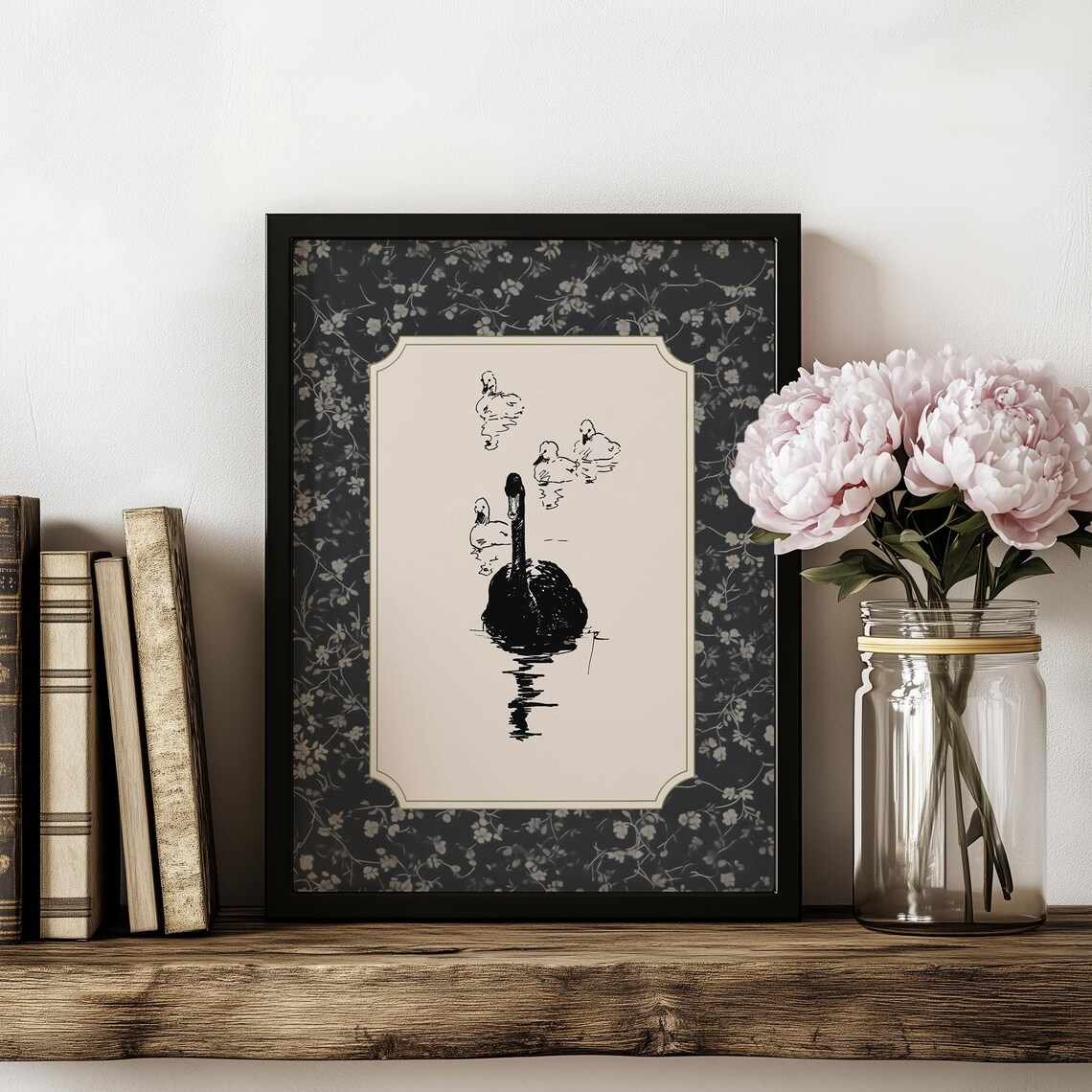 Black Swan Mother and Cygnets Ink Sketch on Dark Floral Decor Poster - Image 5