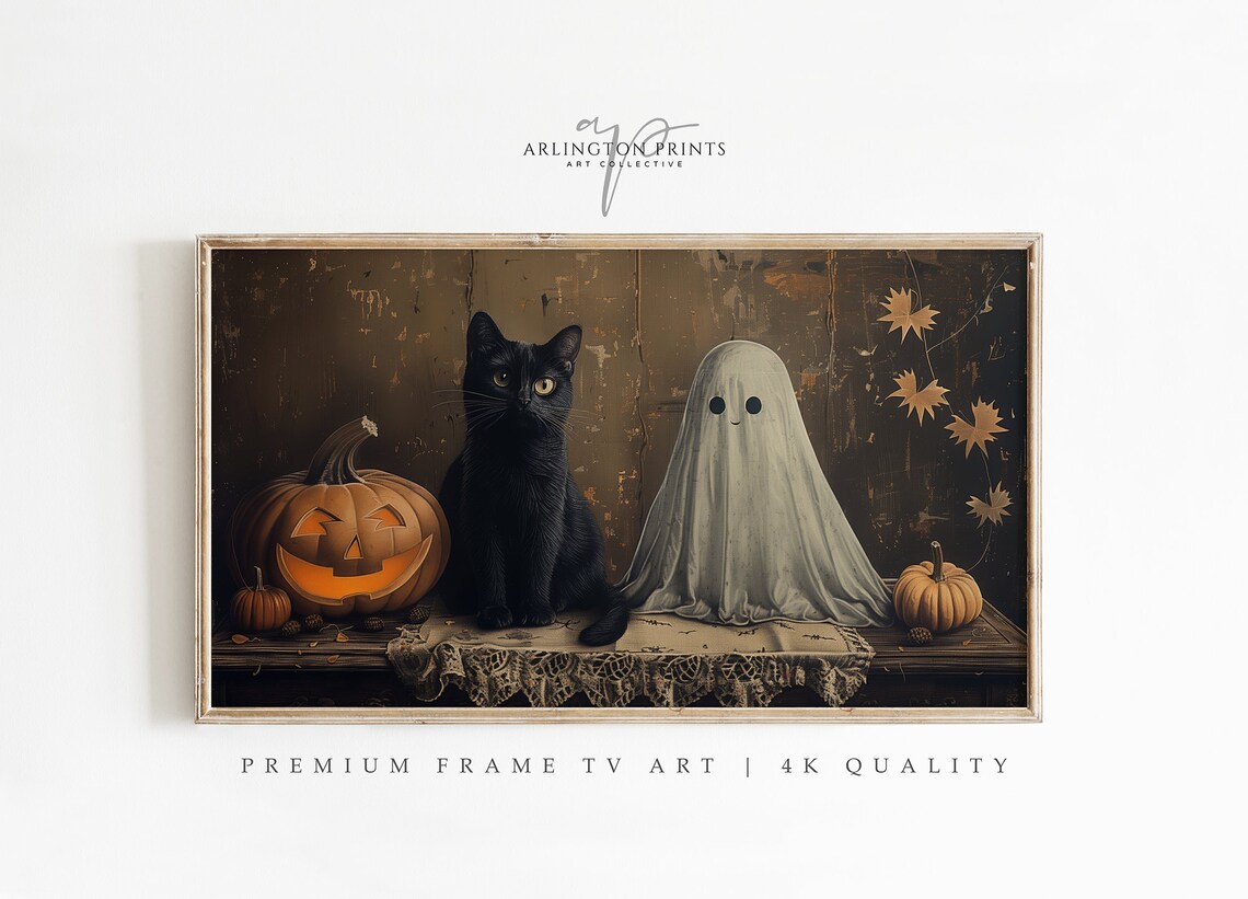 Halloween Black Cat Retro Vintage Art Print