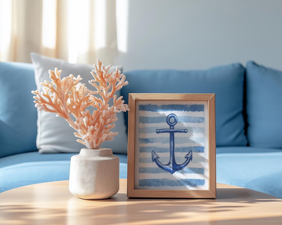Navy Anchor Watercolor Nautical Stripes Coastal Beach House Poster - Image 3