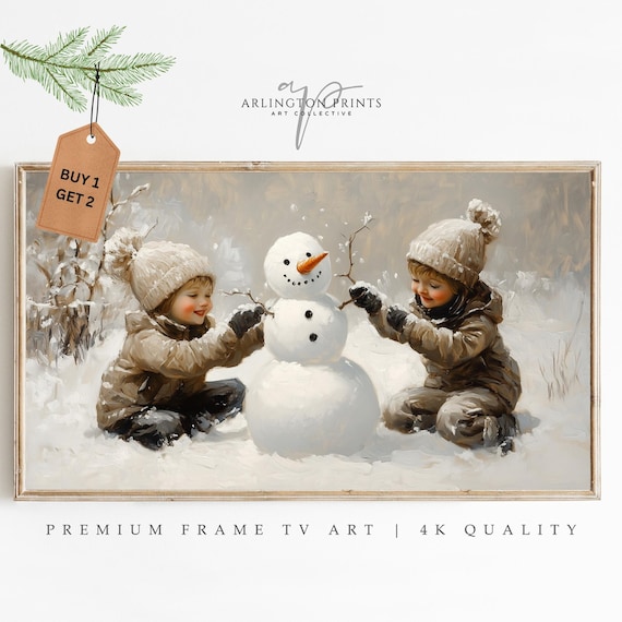Children Building Snowman Vintage Winter Scene Christmas Holiday Poster