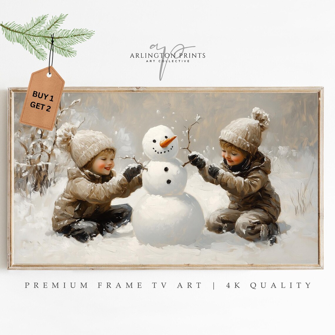 Children Building Snowman Vintage Winter Scene Christmas Holiday Poster