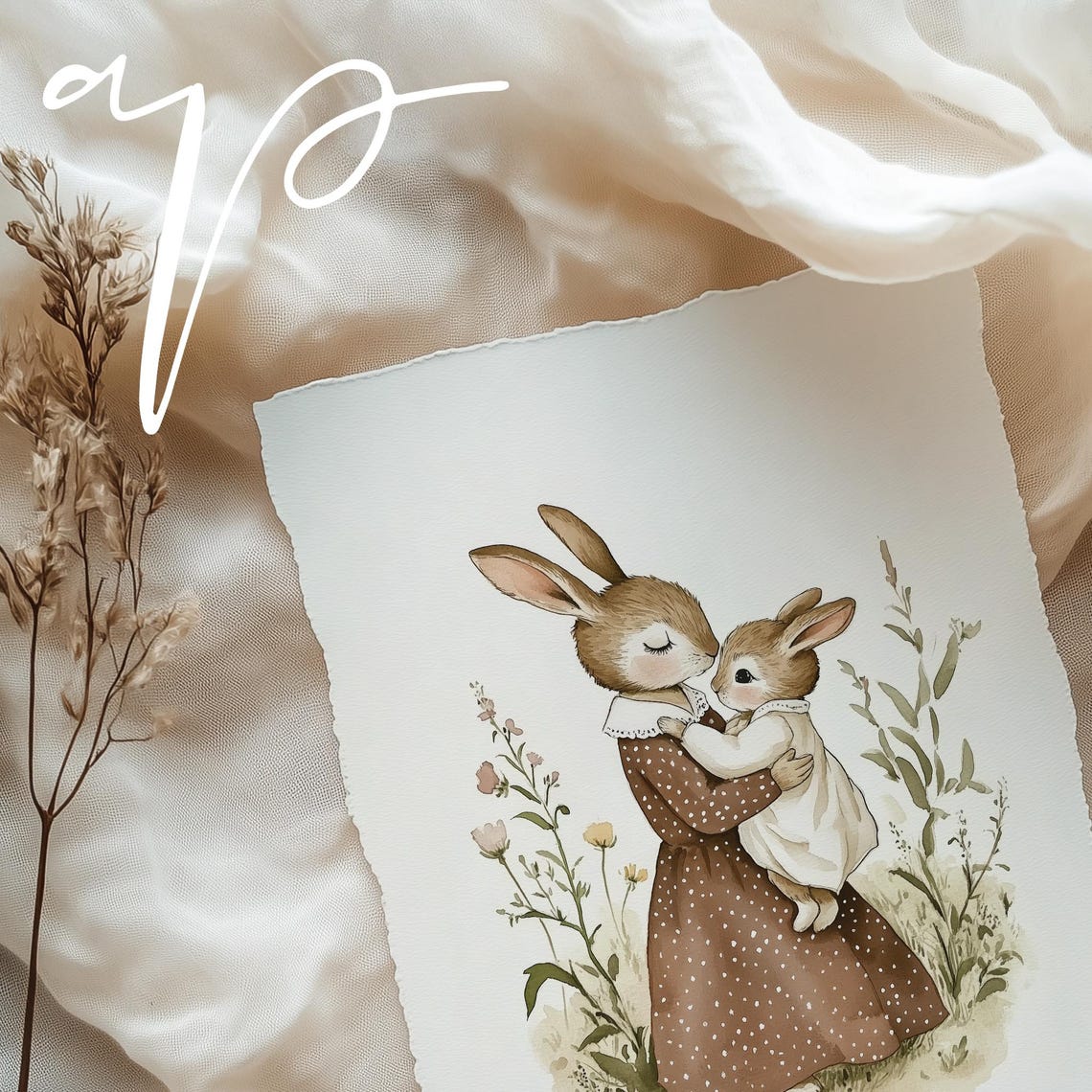 Watercolor Baby Bunny Embrace in a Wildflower Nursery Poster - Image 6
