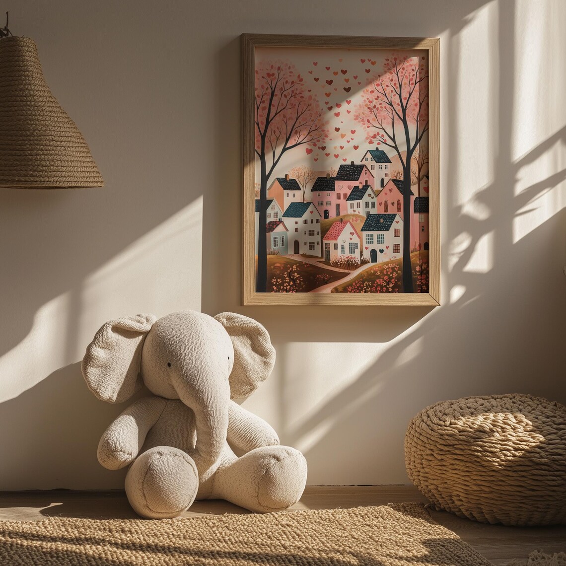 Pink Valentine Village With Floating Hearts Whimsical Poster - Image 3