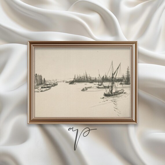 Antique Harbor Sketch Etching Sailboats Ships Ink Drawing Poster