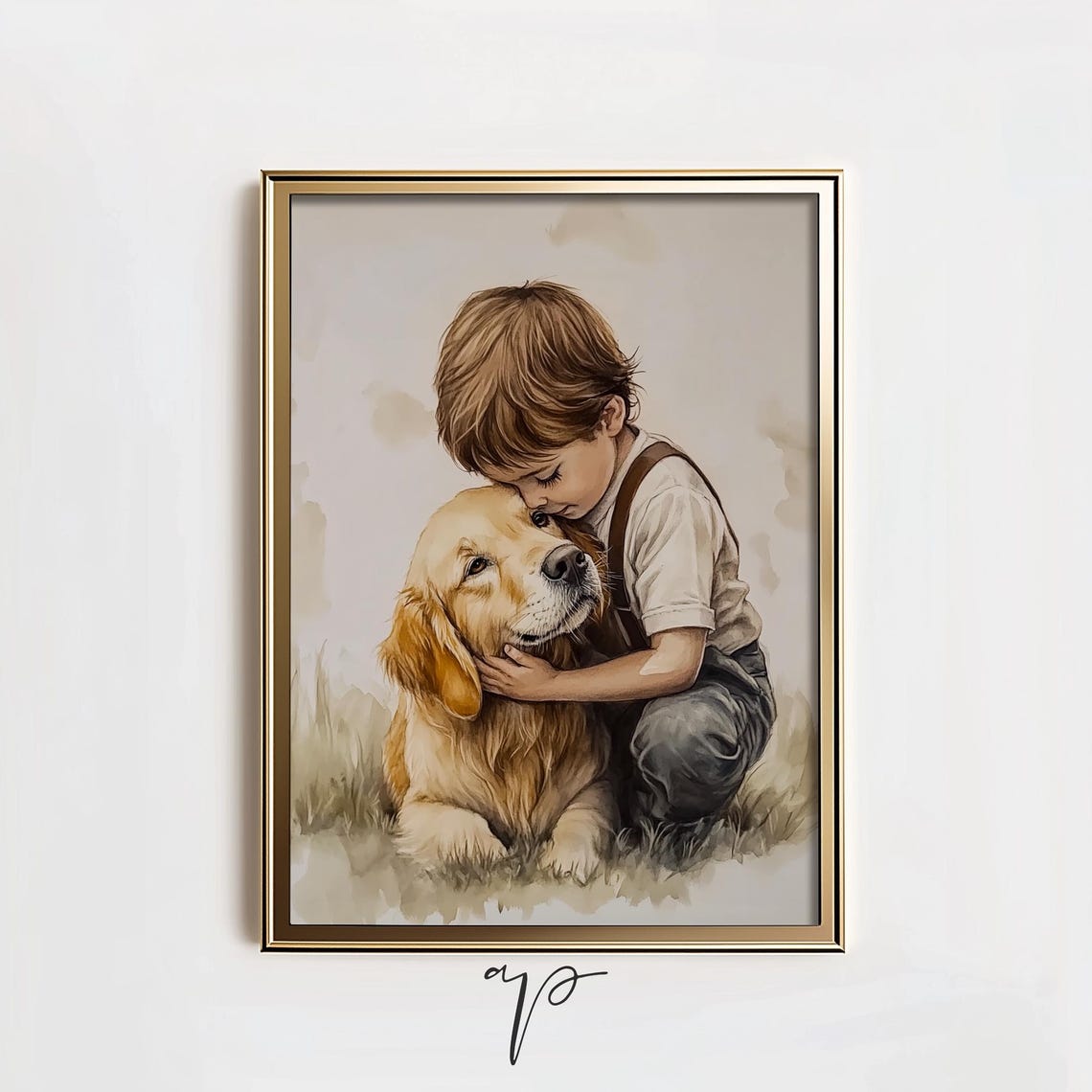 Vintage Nursery Art Print Boy And A Dog Painting Golden Retriever Art Farmhouse Decor Dog Drawing Country Art T70
