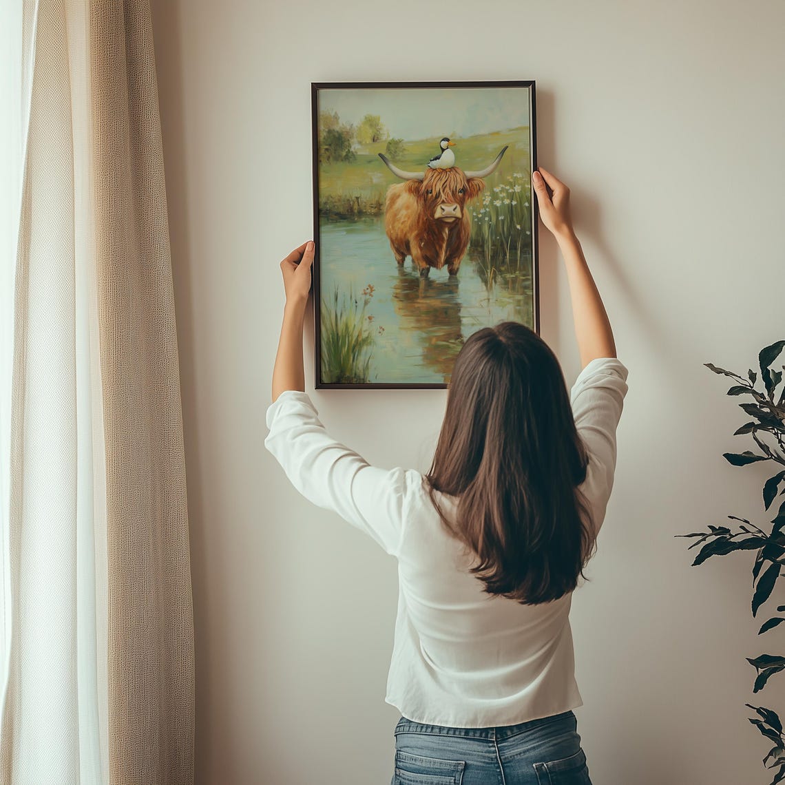 Highland Cow with a Duck on Its Head Wading through a Pond Art Poster - Image 4