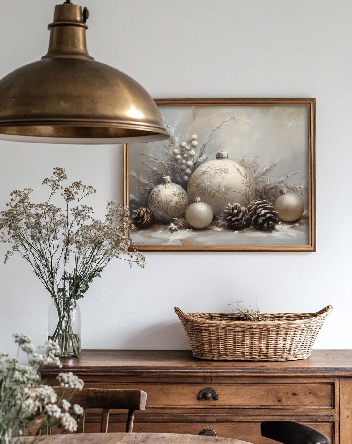 White Champagne Ornaments Pinecones Frosted Ferns Still Life Poster - Image 3