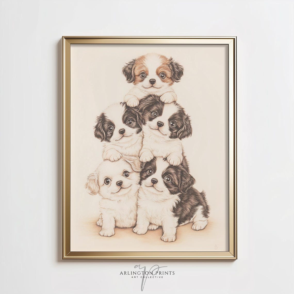 Five Cute Puppies Stacked Pyramid Soft Watercolor Nursery Art Poster