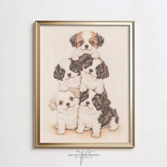 Cute Puppies Nursery Art Print Whimsical Kids Room Wall Art Animal Nursery Art Beatrix Potter Art Style Vintage Dog Art A541