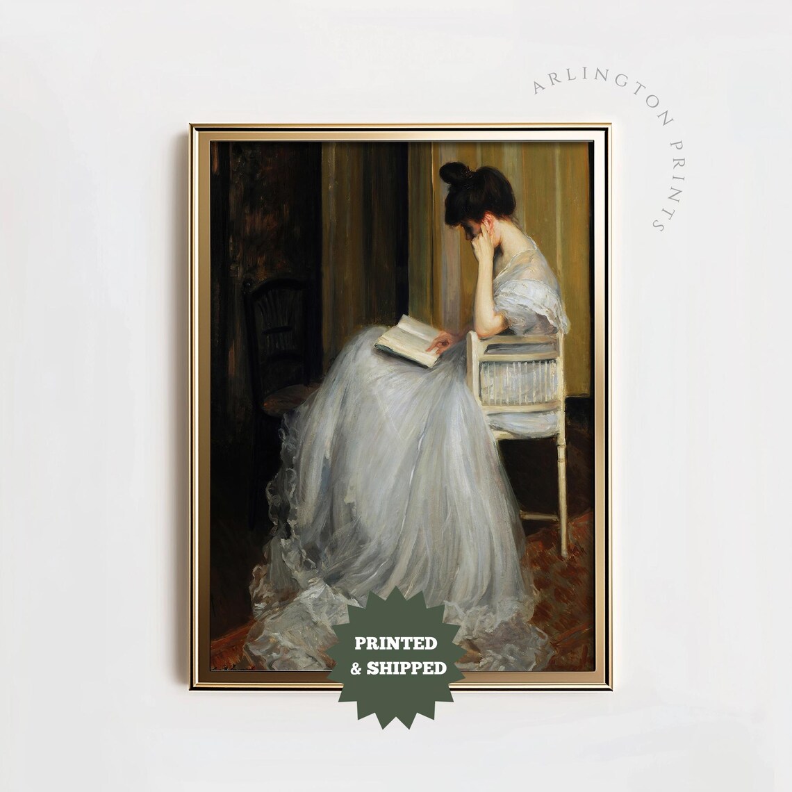 Classic Oil Painting of a Woman Reading in White Dress Poster