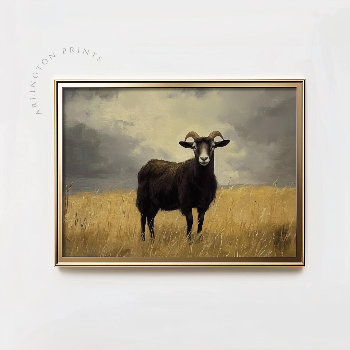 Black Ram Standing in Golden Wheat Field Moody Farm Animal Poster - Image 2
