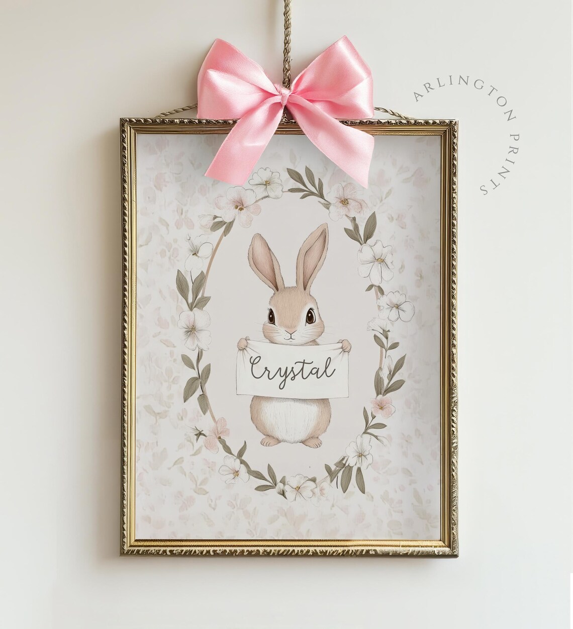 Personalized Bunny Holding Name Banner Floral Wreath Nursery Decor Poster - Image 2