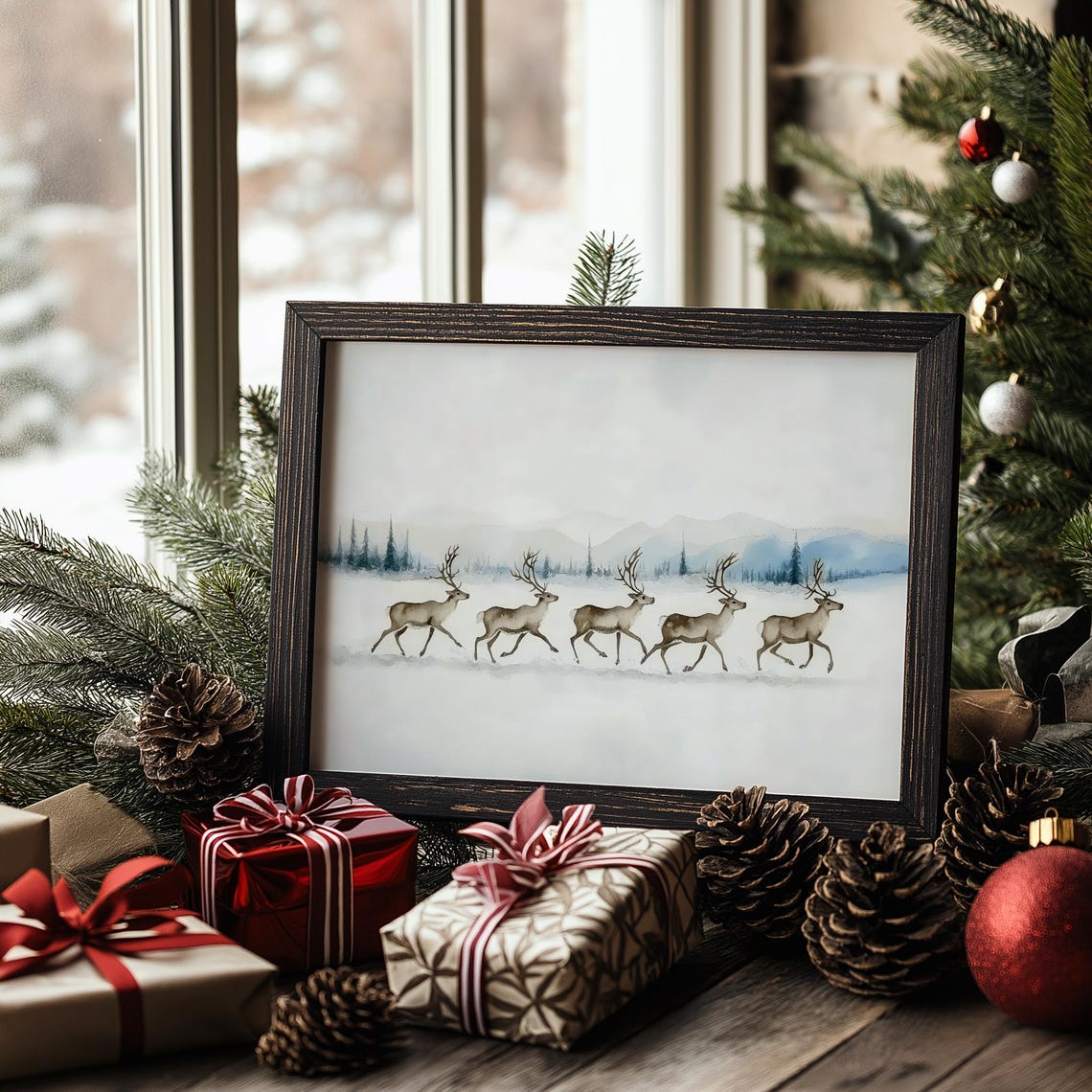 Five Reindeer Running Snowy Winter Mountains Watercolor Scene Poster - Image 4