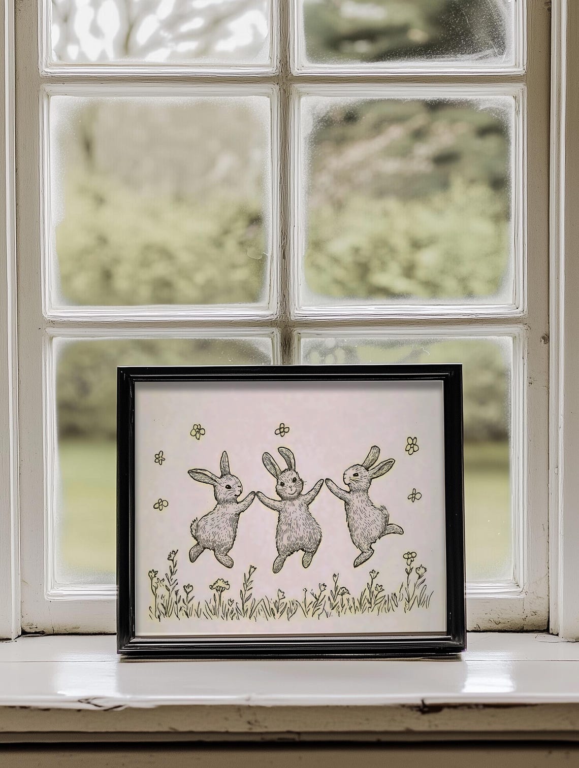 Three Joyful Bunnies Dancing Vintage Ink Sketch Nursery Poster - Image 4