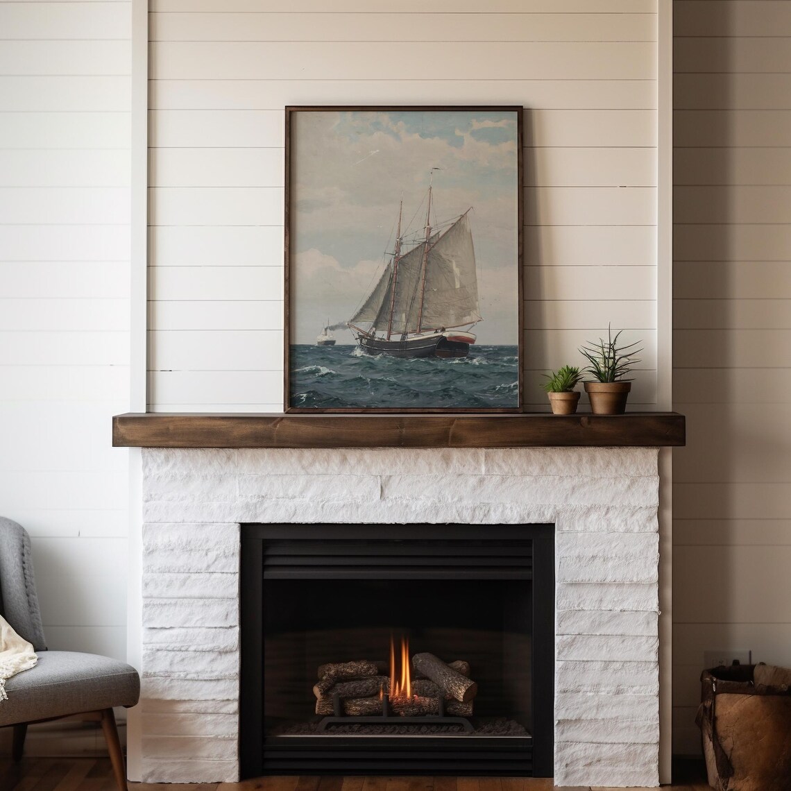 Vintage Ship Painting Rustic Seascape Art Print - Image 3