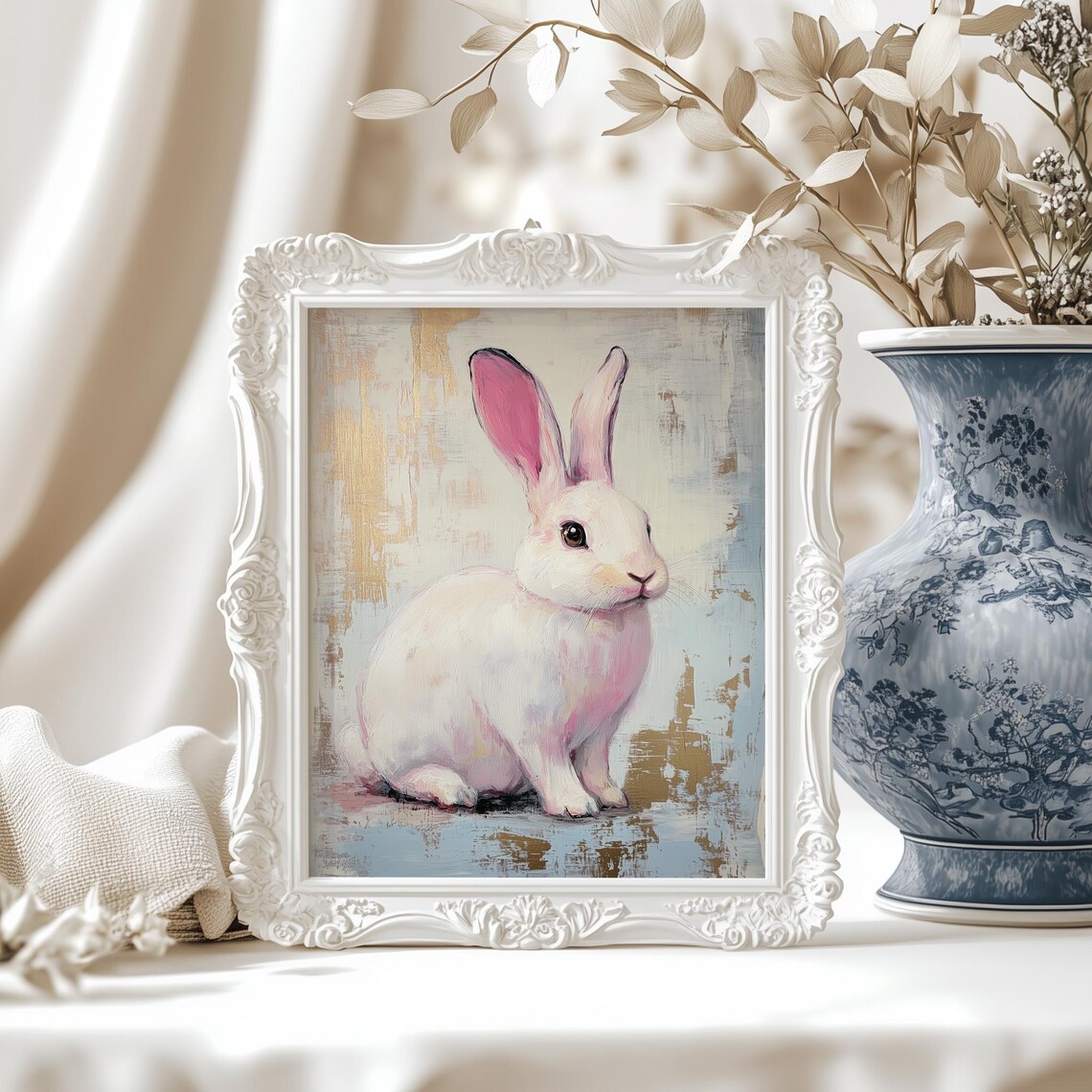 White Bunny With Pink Ears Vintage Gold Abstract Nursery Poster - Image 3
