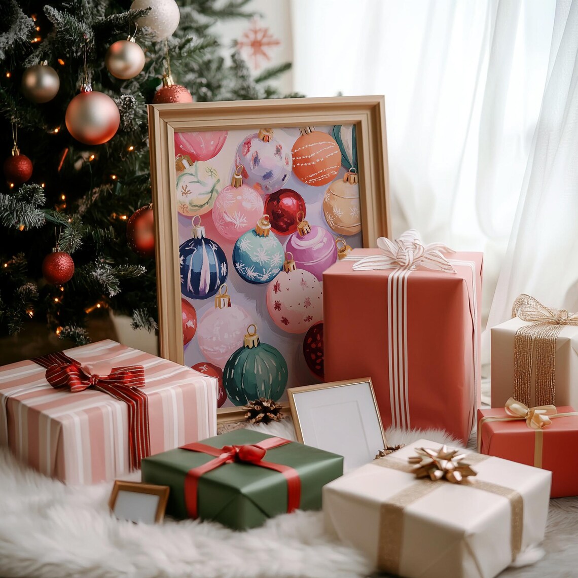 Colorful Painted Christmas Ornaments Pink Red Teal Preppy Style Poster - Image 4