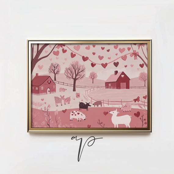 Cute Pink Heart Farm Animal Barn Art Print Girls Nursery Decor Valentines Wall Art Cottagecore Aesthetic Ta20