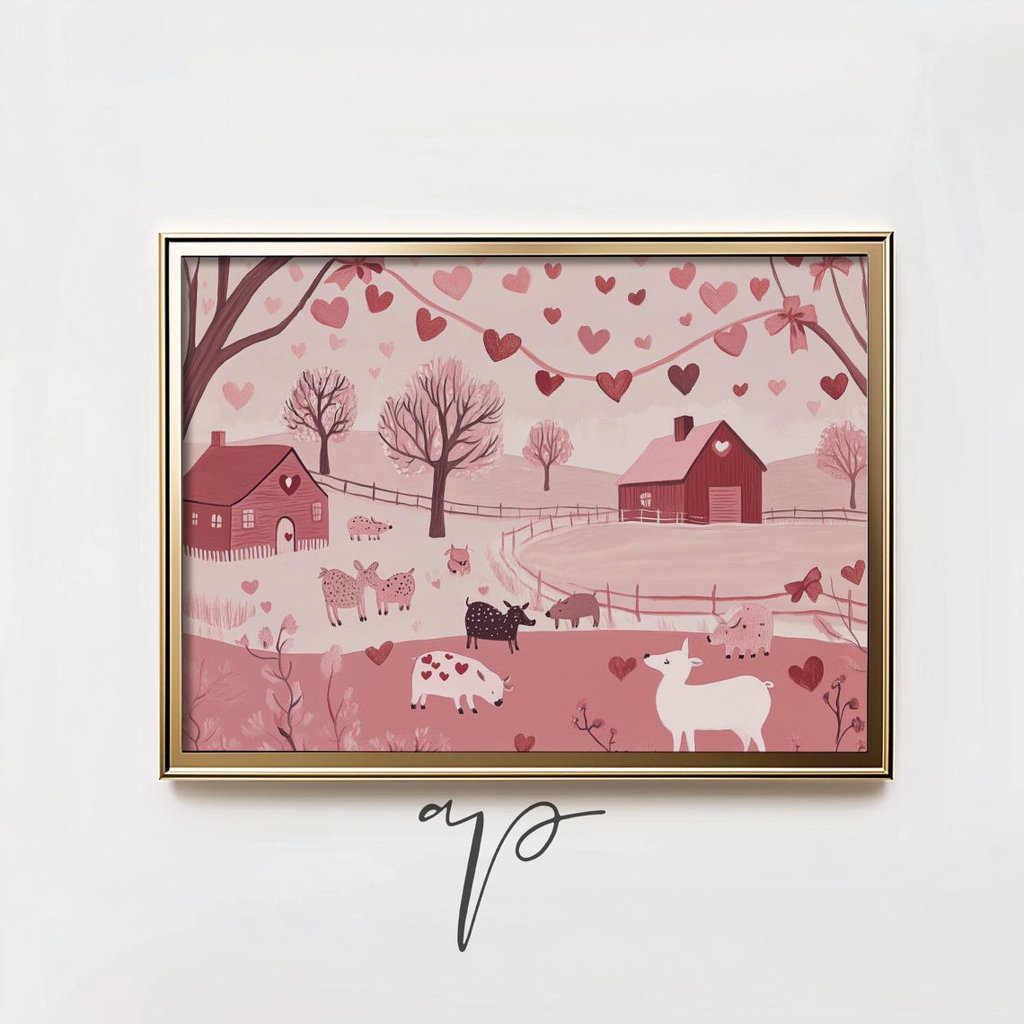 Pink Valentine Farm Cows Barn Hearts Whimsical Nursery Poster