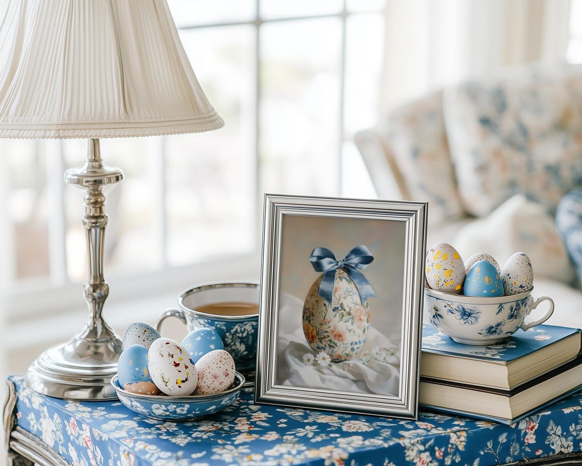 Floral Easter Egg with Blue Satin Bow on White Silk Still Life Poster - Image 5