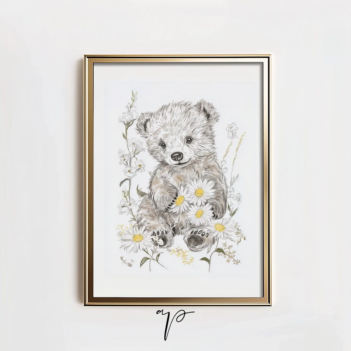 Baby White Bear Cub Daisy Meadow Delicate Sketch Animal Print - Image 3