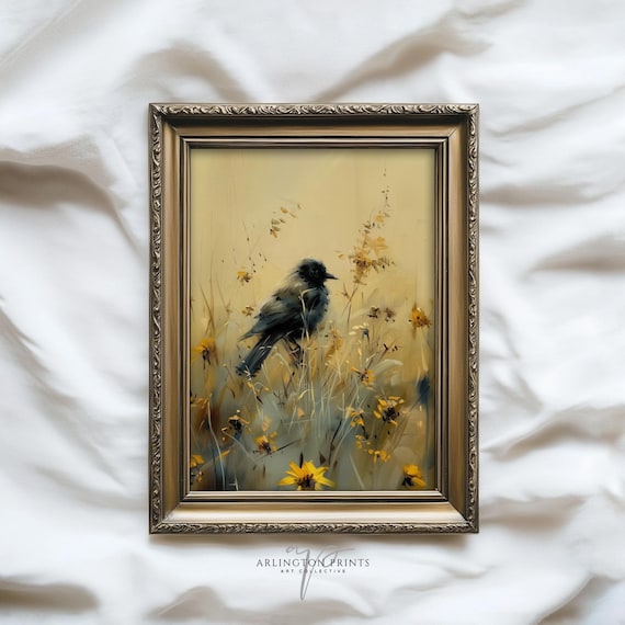 Soft Blackbird In Meadow Vintage Style Bird Painting Neutral Nature Wall Art Print Rustic Farmhouse Decor Botanical Artwork