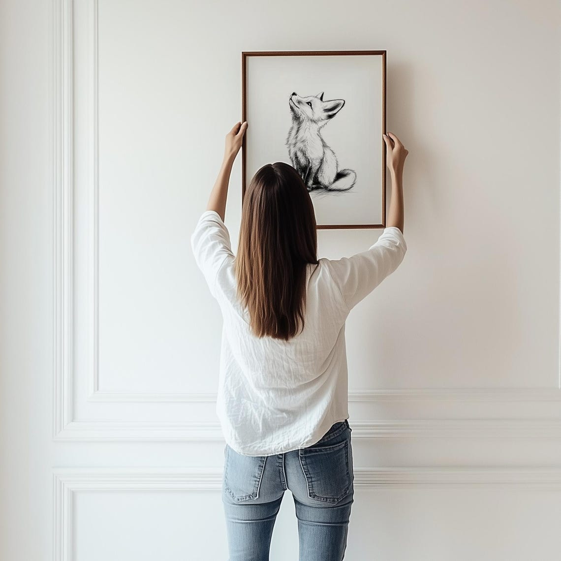 Woodland Fox Cub Looking Up Black Ink Sketch Minimalist Animal Print - Image 2