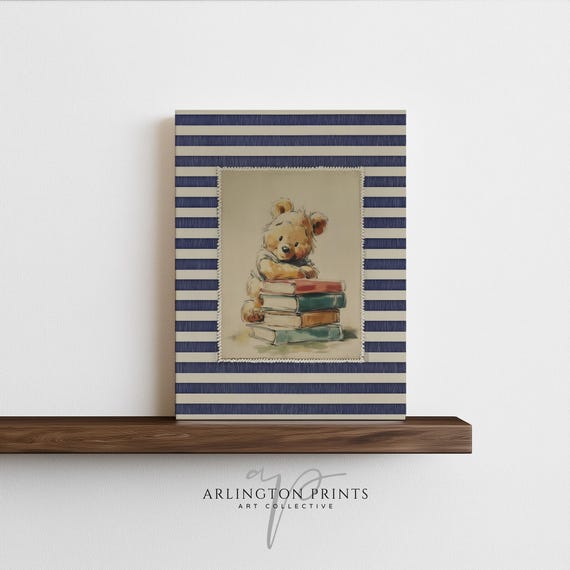 Bear And Books Nursery Vintage Animal Reading Decor