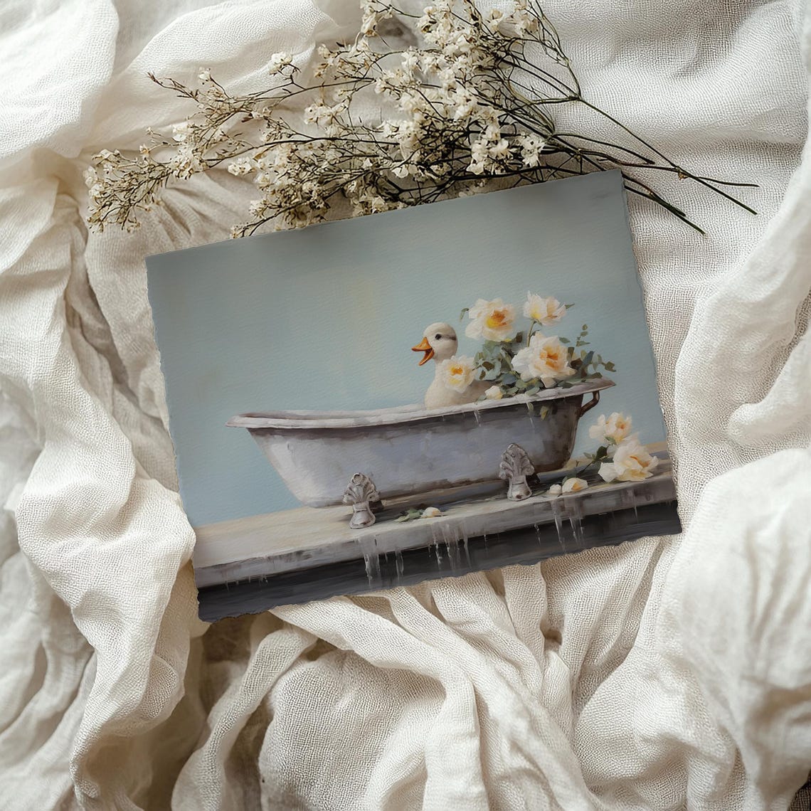 Duckling in Clawfoot Bathtub With White Flowers Cute Nursery Poster - Image 3