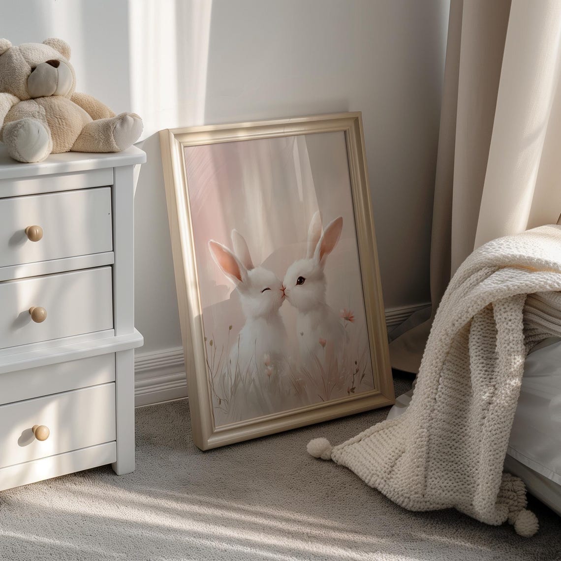 Two White Bunnies Nuzzling Pink Spring Meadow Nursery Poster - Image 3
