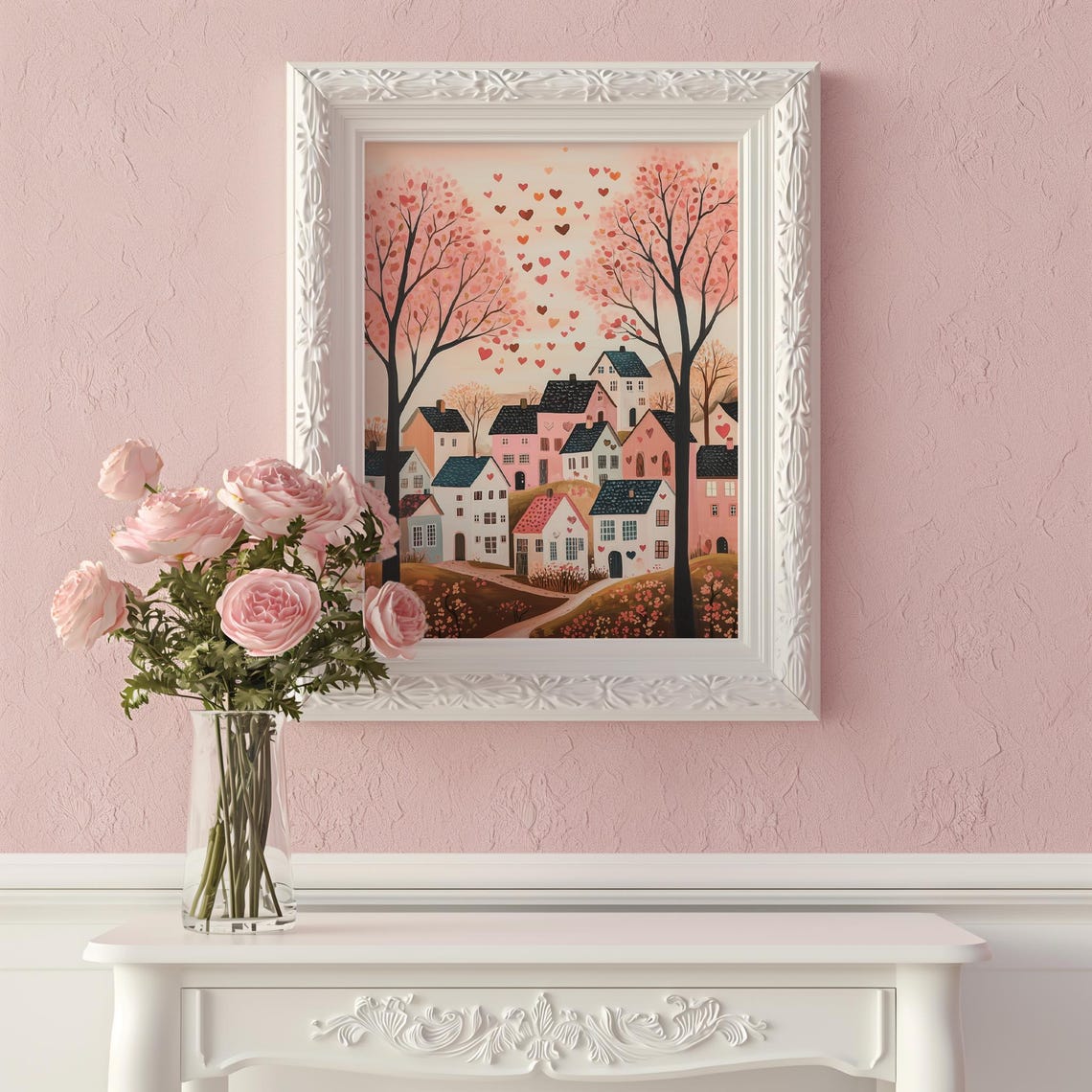 Pink Valentine Village With Floating Hearts Whimsical Poster - Image 2